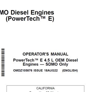 Puede incluir: Documento blanco con el título "4.5 SDMO Diesel Engines (PowerTech E)". Muestra "OPERATOR'S MANUAL" y detalles sobre los motores diésel PowerTech E 4.5 L OEM. El documento está fechado "OMDZ105876 ISSUE 18AUG22 (ENGLISH)".