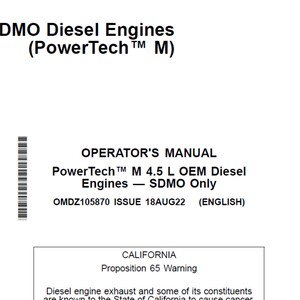 Puede incluir: Documento blanco con el título "4.5 L SDMO Diesel Engines (PowerTech M)". Muestra "OPERATOR'S MANUAL" e información sobre los motores diésel PowerTech M 4.5 L OEM. Incluye una advertencia de la Proposición 65 de California.