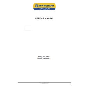 Puede incluir: Una página blanca con el logotipo de New Holland Agriculture en la parte superior, seguida del texto "SERVICE MANUAL". Debajo, hay dos líneas de texto con números de modelo. La página tiene un diseño sencillo y limpio.