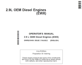 John Deere PowerTech 2.9 L OEM (EWX) Diesel Engines Maintenance and Operator Manual OMRG39496 PDF