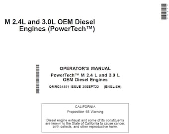 John Deere PowerTech M 2.4 L and 3.0 L OEM Diesel Engines Maintenance and Operator Manual OMRG34851 PDF