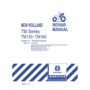 Op de afbeelding: Een wit en blauw reparatiehandleiding voor New Holland TM Series TM120-TM190 tractoren. De cover bevat de tekst "REPARATIEHANDLEIDING" en "NEW HOLLAND" met een tractorafbeelding. De onderkant heeft een blauw-wit gestreept ontwerp.