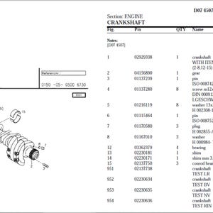 Puede incluir: Diagrama técnico de un conjunto de cigüeñal de motor, con piezas y medidas detalladas. El diagrama incluye un cigüeñal, engranajes, pasadores, arandelas y cojinetes. El texto incluye el título de la sección, "ENGINE CRANKSHAFT", y los números de pieza.