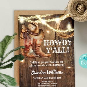 EDITABLE Boots and Hat Birthday Party Invitation, Self-editable Template, Rustic Wood and Lights, Country or Wester Themed Party, A126