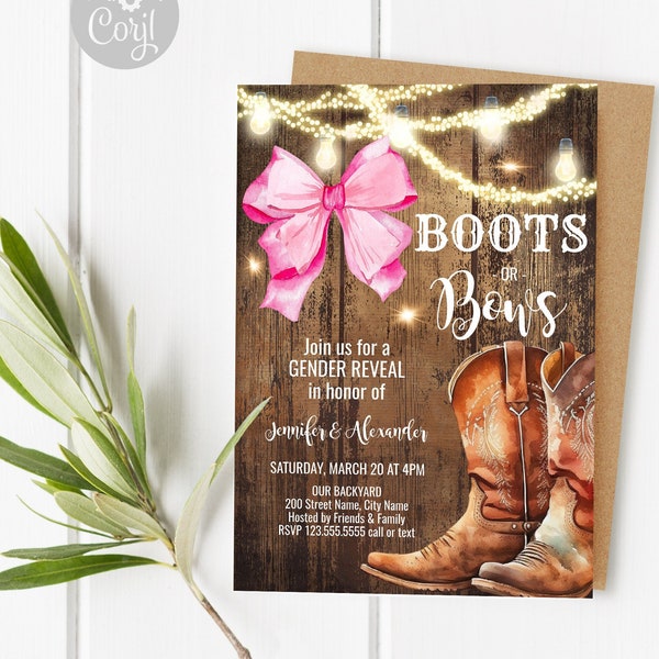 EDITABLE Boots or Bows Gender Reveal Party Invitation, Self-editable Template, Rustic Wood and Lights, Baby Shower, A127