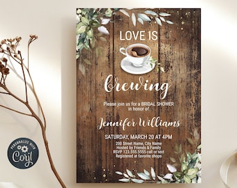 EDITABLE Rustic Coffee Bridal Shower Invitation, Self-editable Template, Rustic Wood Greenery and Coffee, Wedding Shower, A104