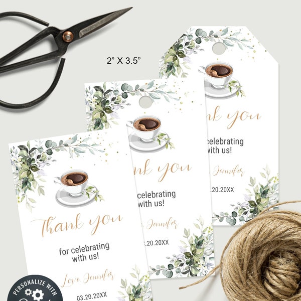 Editable Gift Tags, Coffee Bridal Shower, Self-editable Favor Tag Template, Greenery and Coffee Themed Wedding Shower, A107