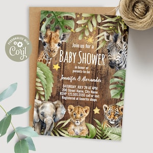 EDITABLE Safari Baby Shower Invitation, Self-editable Template, Rustic Wood, Baby Animals, Tropical Leaves, and Gold Glitter, A112