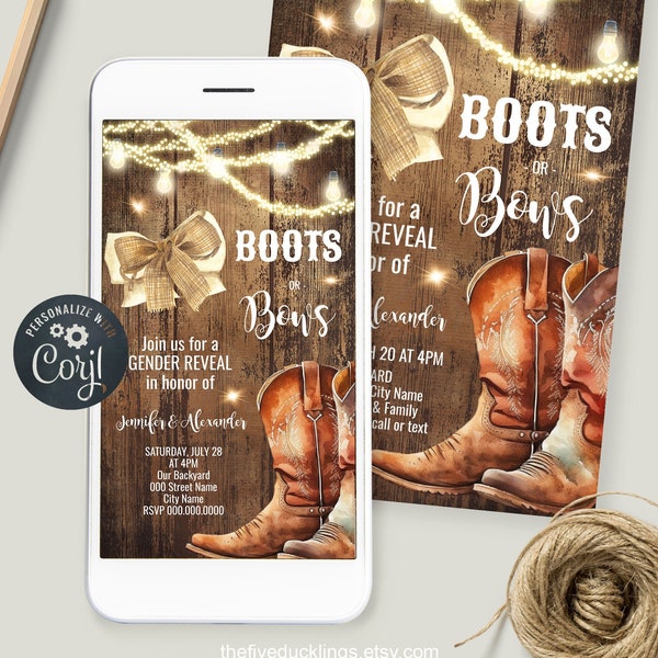 Digital Boots or Bows Gender Reveal Party Invitation, Editable Template, Rustic Wood, Lights, Cowboy Boots, and a Bow, A111SM