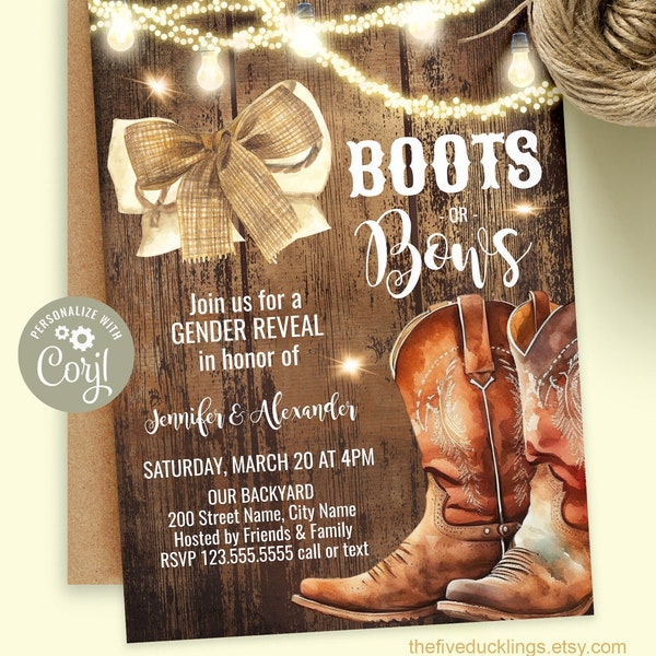 EDITABLE Boots or Bows Gender Reveal Party Invitation, Self-editable Template, Rustic Wood and Lights, Neutral Gender Baby Shower, A111