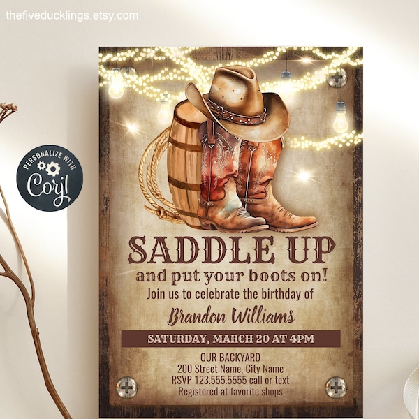 Country Birthday Party Invitation, Self-editable Template, Digital Rustic Wood, Vintage Paper, and Lights, Wester Themed Party, A142