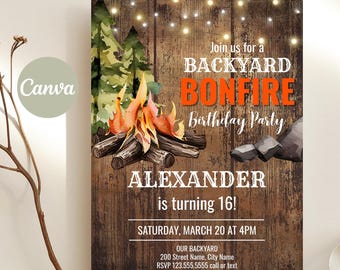 Rustic Bonfire Birthday Party Invitation, Editable Canva Template, A130