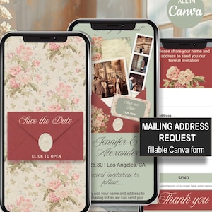 May include: Digital Save the Date design on three smartphones. The phones display a floral background, a red envelope with a wax seal, and wedding details. The text includes "Easy DIY Website" and "All in Canva."