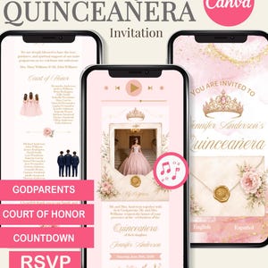 Bilingual Quinceañera Invitation Editable Canva Template with RSVP Music Countdown Court Timeline Registry