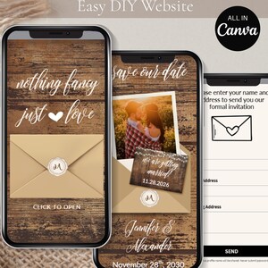 Plantilla web rústica para anunciar la fecha de la boda, formulario integrado de Canva para anuncios de boda, descarga digital.