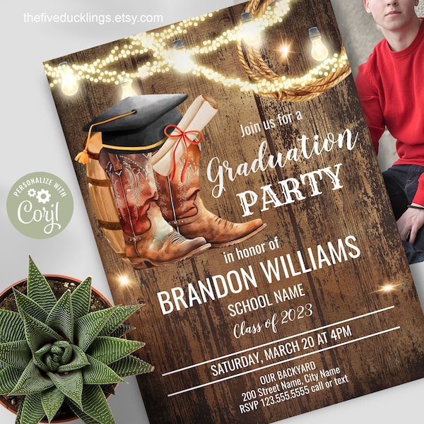 Western Graduation Party Invitation, Self-editable Template, Rustic Wood and Lights, Country Themed Grad Celebration, A154