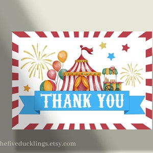 Tarjetas de agradecimiento de carnaval o circo imprimibles, archivos planos y de carpa, archivos digitales de descarga instantánea - No editables - A138