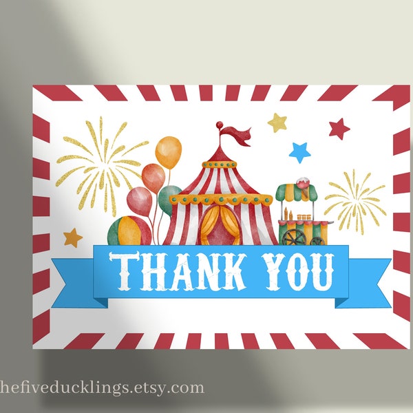 Printable Carnival or Circus Thank You Cards, Flat and Tent Files, Instant Download Digital Files - Not Editable - A138