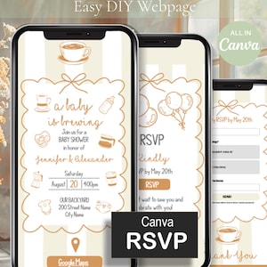Può includere: Tre smartphone che mostrano un invito per un baby shower. Il design presenta una combinazione di colori crema e beige con illustrazioni a tema bebè. Il testo include "Baby Shower Invite" e "a baby is brewing". Il logo Canva RSVP è visibile.