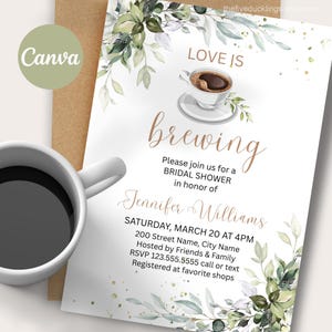Inbjudningskort till möhippa Canva-mall, digitalt utskrivbart med temat Kärlek brygger kaffe, A101