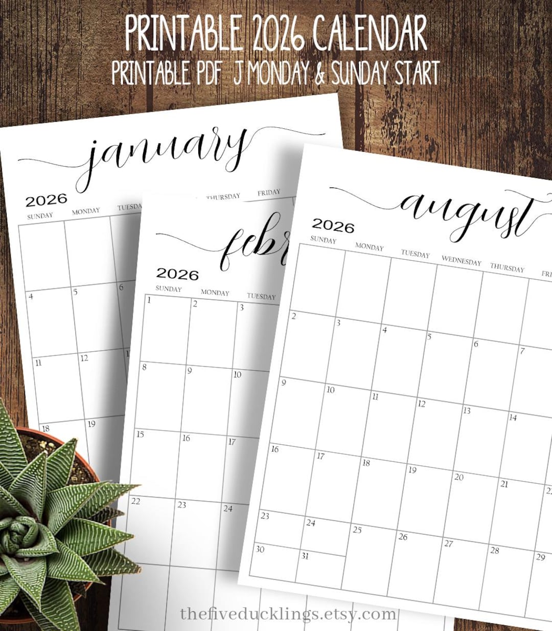 2026 Printable Monthly Calendar, 12 Month Planner Pages, Digital ...