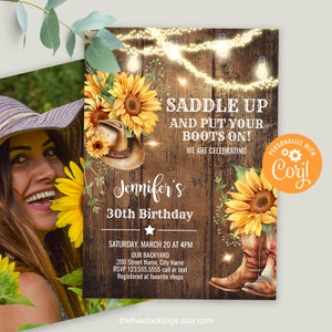 Rustic Sunflowers Birthday Party Invitation, Self-editable Template, Digital Rustic Wood, Lights, and Sunflowers, A165