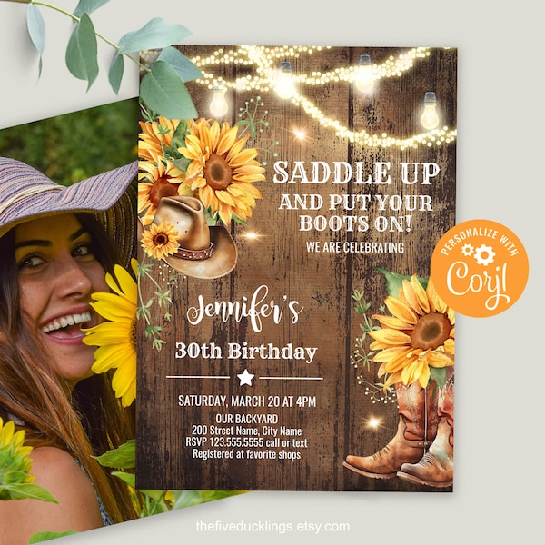 Rustic Sunflowers Birthday Party Invitation, Self-editable Template, Digital Rustic Wood, Lights, and Sunflowers, A165