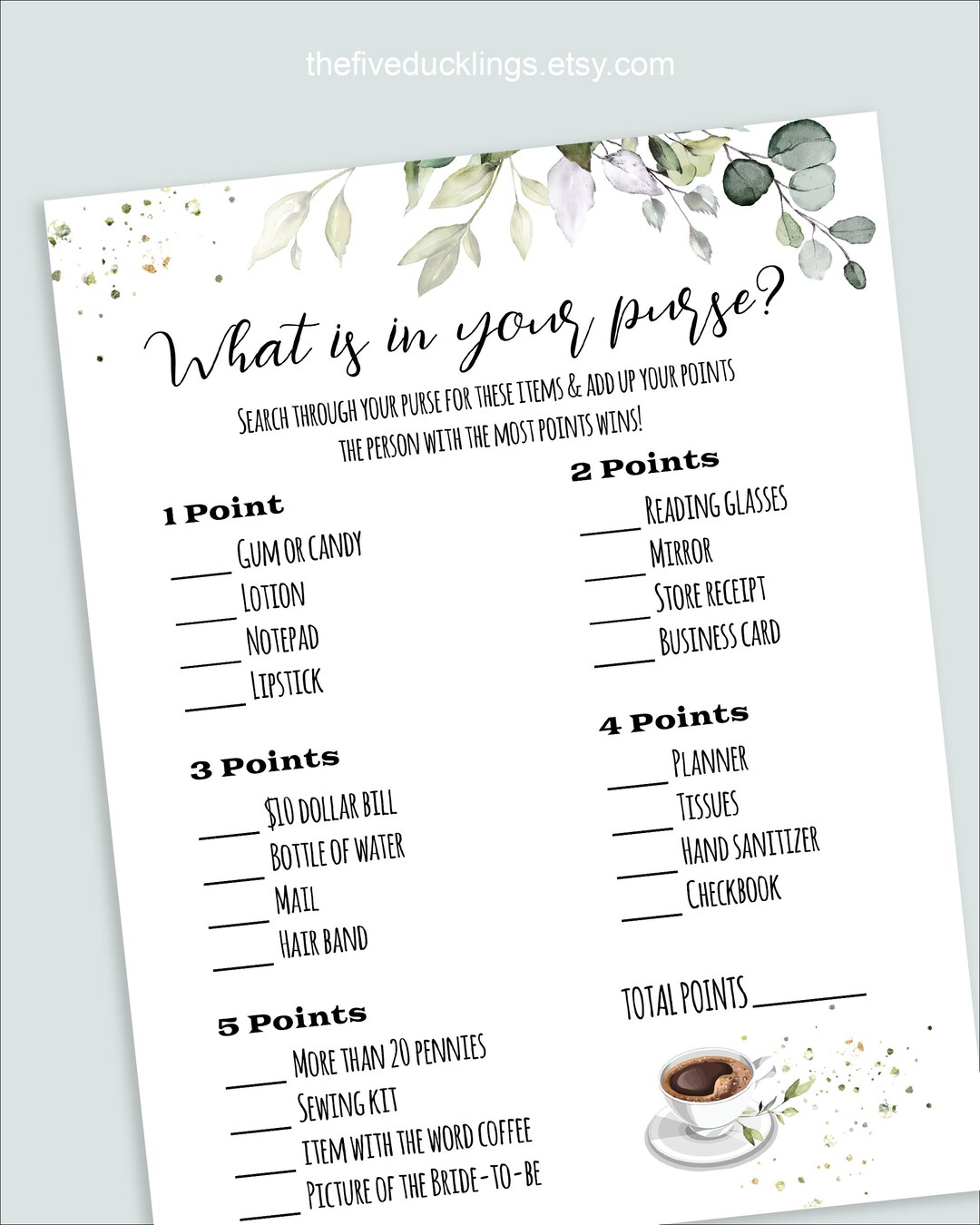 Bridal Shower Game, Printable What is in Your Purse Game, Coffee Themed ...