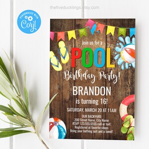 Pool Birthday Party Invitation, Self-editable Template, Rustic Wood Themed Party, A149
