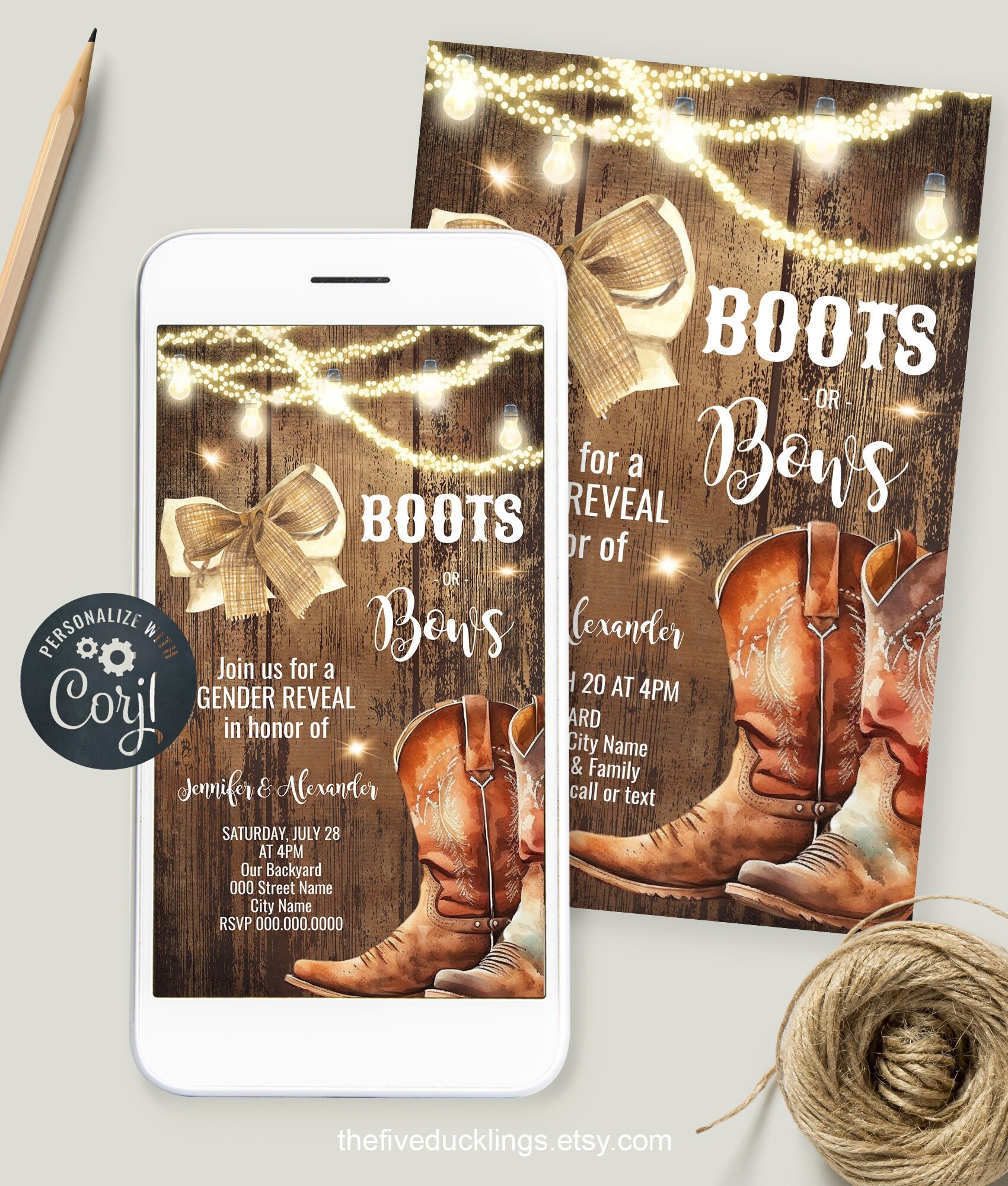 Digital Boots or Bows Gender Reveal Party Invitation, Editable Template ...