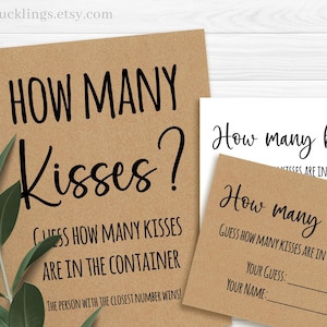 Juegos rústicos para despedida de soltera, letreros y tarjetas imprimibles de "Cuántos besos", despedida de soltera, descarga instantánea de archivos digitales no editables, G228