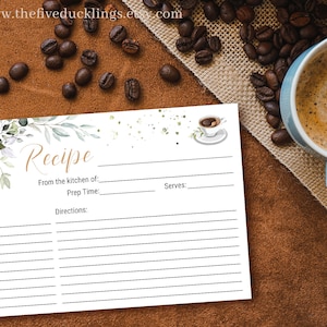 Cartes de recettes imprimables, douche sur le thème du café, taille 6 "x 4", verdure et café, téléchargement instantané des fichiers numériques non modifiables, A106