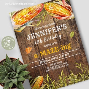 EDITABLE Corn Maze Birthday Party Invitation, Self-editable Template, Rustic Wood, Corn, and Field Graphics, A163