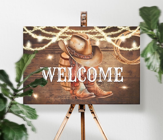 Targa Benvenuto Western In Legno Con Stivali E Cappello Da Cowboy, 30,5x15,2 Cm, Decorazione Casa