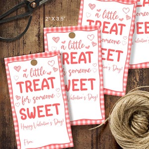 May include: Valentine's Day gift tags with a red and white gingham border. The tags read "a little TREAT for someone SWEET" with heart illustrations. Each tag is 2 inches by 3.5 inches. A pair of scissors and twine are also in the image.