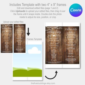 Puede incluir: Plantilla de programa de boda con dos marcos de 10,16 cm x 22,86 cm. El dise&ntilde;o presenta un fondo de madera r&uacute;stica con las palabras "nothing fancy just love" en la parte superior. Se incluyen instrucciones para editar y subir archivos.