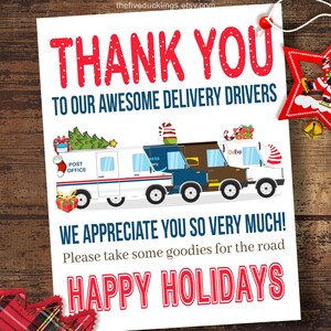 May include: A festive print with the message "THANK YOU TO OUR AWESOME DELIVERY DRIVERS" in red. The image shows delivery vans adorned with festive decorations and the words "HAPPY HOLIDAYS".