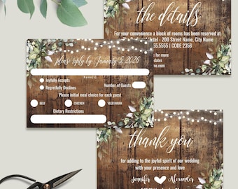 Rustic Wood Greenery Wedding Enclosure Cards, RSVP & Details, Canva Template, A403