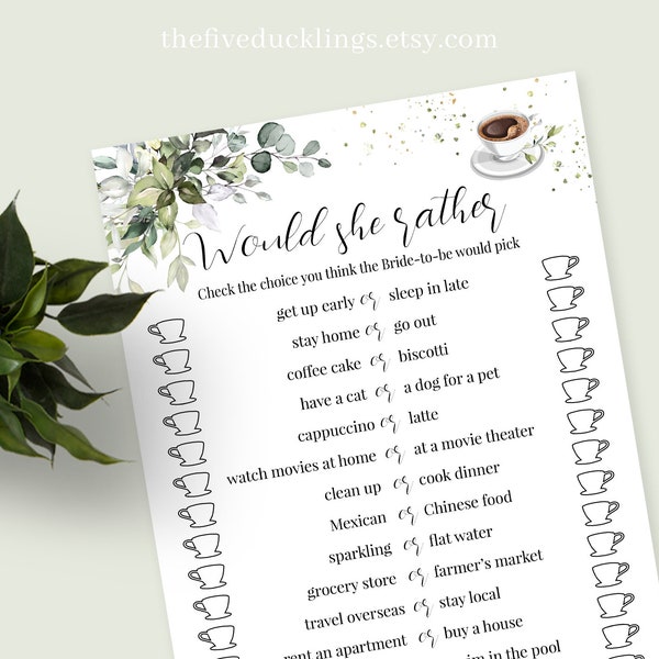 Bridal Shower Game Would She Rather, Printable Coffee Themed Wedding Shower Game, Instant Download Digital Files Not Editable, G203