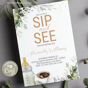 Editable Sip and See Baby Invitation, Self-editable Template, Greenery and Coffee Themed Invite, A134
