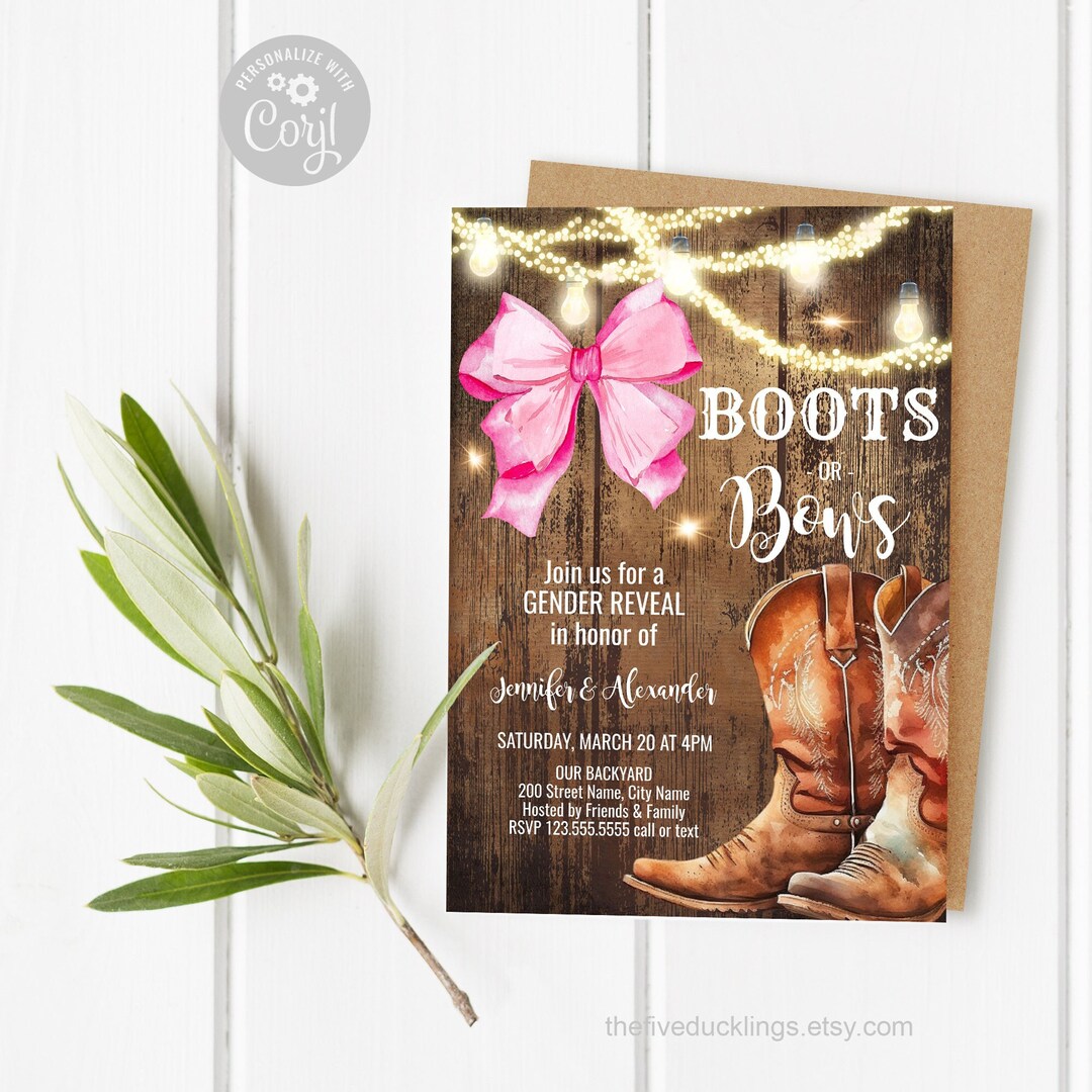 EDITABLE Boots or Bows Gender Reveal Party Invitation, Self-editable ...
