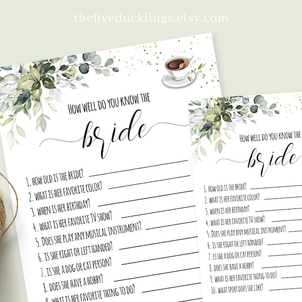 Printable Bridal Shower Game, How Well Do Yu Know the Bride, Coffee Themed Games, Instant Download Digital Files Not Editable, G216