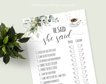 Jeu de shower de mariage, il a dit qu&#39;elle a dit, jeu imprimable de shower de mariage sur le thème du café, fichiers numériques à téléchargement non modifiables, G206