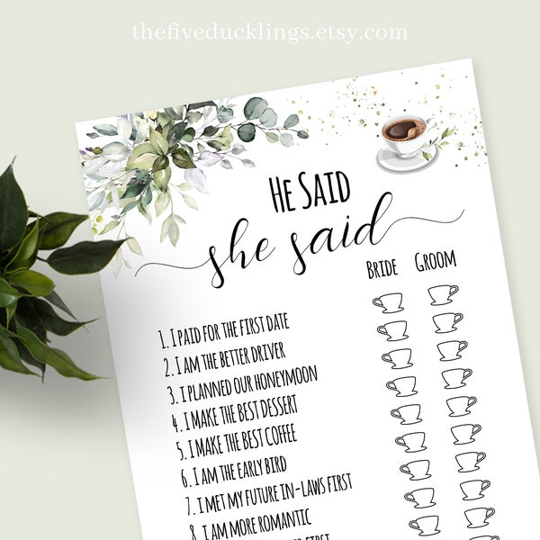 Bridal Shower He Said She Said Game, Printable Coffee Themed Wedding Shower Game, Instant Download Digital Files Not Editable, G206