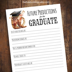 Może przedstawiać: Biała kartka papieru z napisem "Future Predictions for the Graduate". W lewym górnym rogu znajduje się akwarelowa ilustracja czapki absolwenta, kowbojskich butów i zwoju. Papier zawiera podpowiedzi do wypełnienia przyszłych przewidywań.