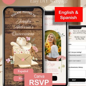 Può includere: Invito digitale per una Quinceañera, visualizzato su tre smartphone. Il design presenta un cappello da cowboy, stivali e decorazioni floreali. L'invito include il testo "You are invited to Jennifer Anderson's Quinceañera" e "Canva RSVP".