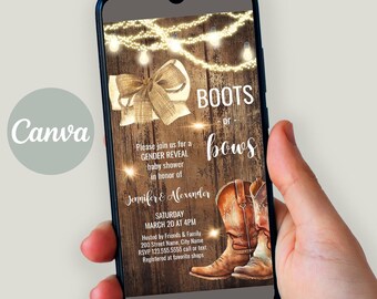 Boots or Bows Gender Reveal Invitation, Editable Baby Shower Invite, Canva Template, A111SM