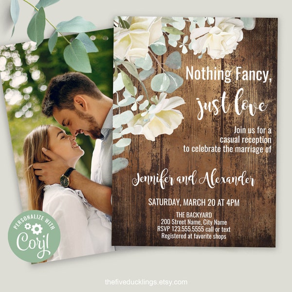 Rustic Wedding Reception Invitation, Self-editable Template, Eucalyptus and White Flowers, A150