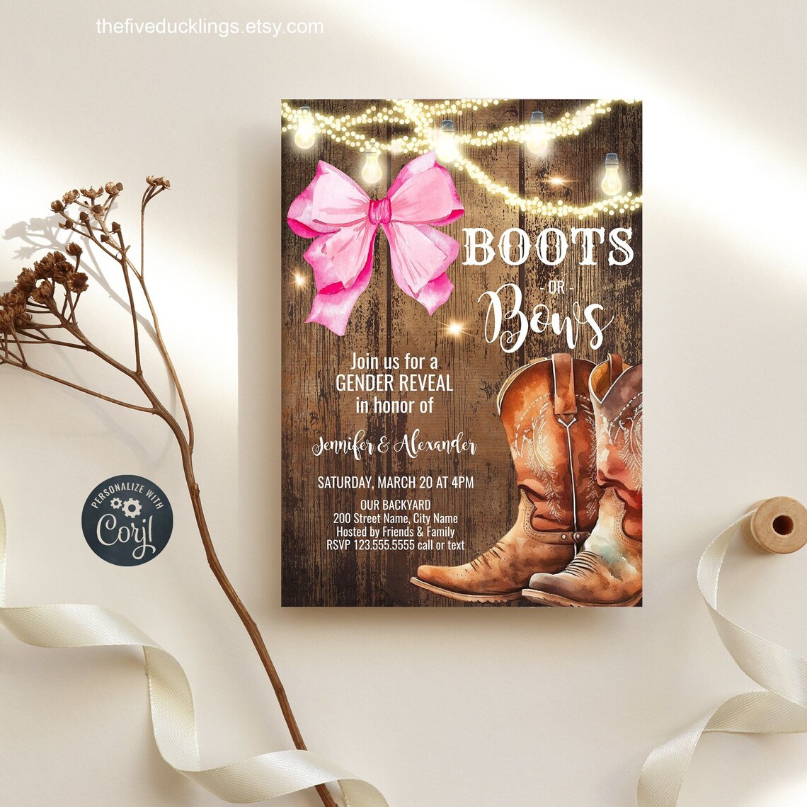 EDITABLE Boots or Bows Gender Reveal Party Invitation - Etsy