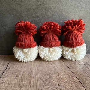 May include: Three red and white gnome ornaments with pom-pom hats. The gnomes are made of yarn and have white pom-poms for beards.